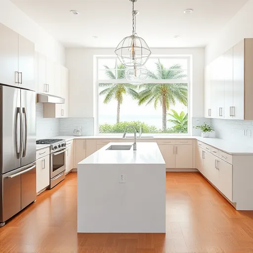 Renovated North Palm Beach kitchen with modern matte cabinetry, stainless steel appliances, quartz island, wood flooring, and tropical view