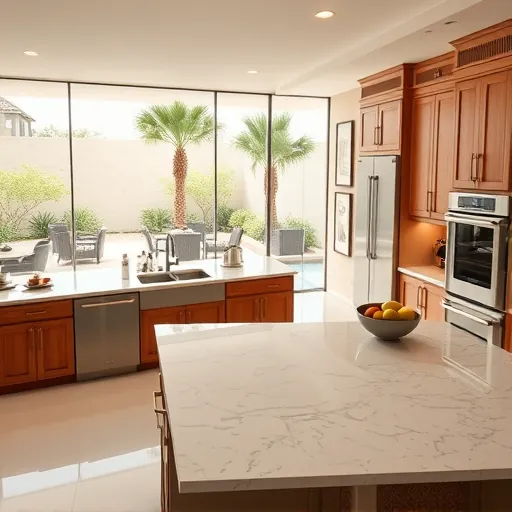 Renovated Palm Springs Florida kitchen with granite countertops stainless steel appliances wooden cabinets marble island lush outdoor garden pool area