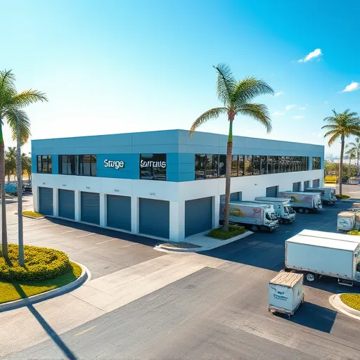 Modern outdoor storage facility in Port St. Lucie Florida with sleek units, greenery, palm trees, and parking area on sunny day