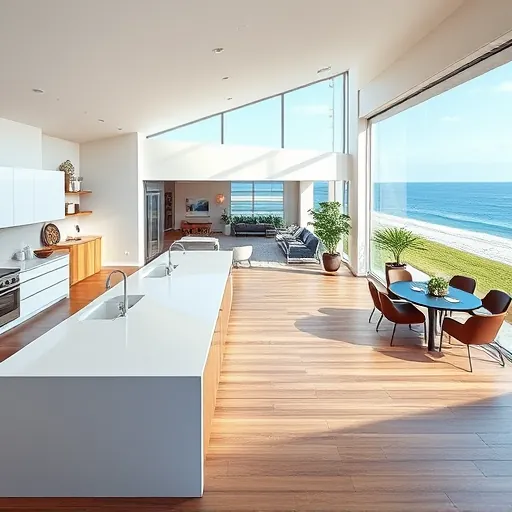 Modern coastal home remodel in Juno Beach featuring open-concept design, large windows, and elegant decor.