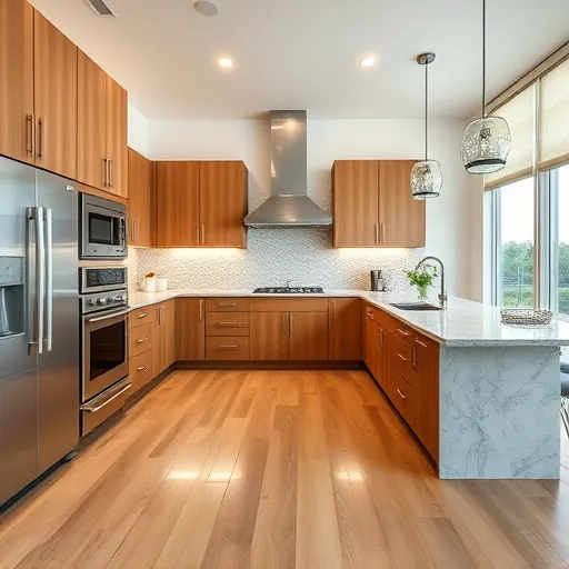 Remodeled Tequesta FL kitchen with modern wood cabinetry stainless steel appliances marble island coastal windows hardwood floors