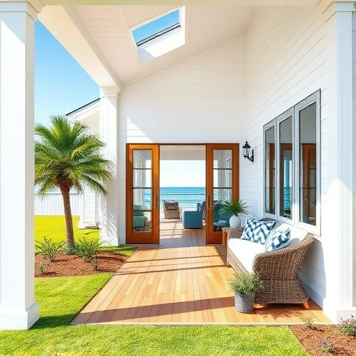 Completed home remodel in Ocean Ridge FL featuring coastal design, white siding, large windows, and lush landscaping.