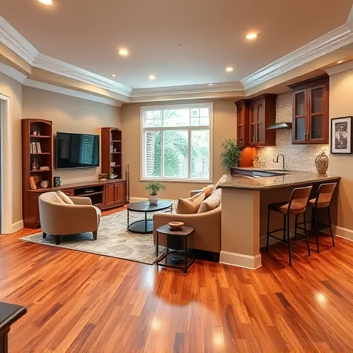 Remodeled Port St. Lucie basement with hardwood floors, modern lighting, neutral walls, cozy seating, and a stylish bar area