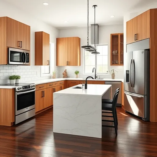 Remodeled Floresta FL kitchen with warm wood cabinets, black hardware, quartz countertops, stainless steel appliances, subway tiles, and hardwood floors