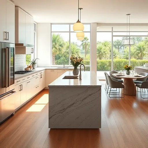Renovated North River Shores FL kitchen with modern neutral cabinets, stainless steel appliances, granite countertops, and lush outdoor views