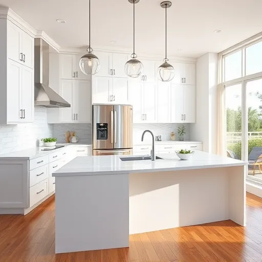 Renovated St. Lucie Village Florida kitchen with white modern cabinets stainless steel appliances quartz island sunlight hardwood floors and stylish backsplash