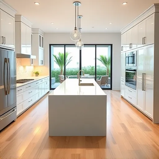 Modern renovated North Palm Beach kitchen with white cabinetry stainless steel appliances quartz island coastal tiles hardwood floors and indoor outdoor view
