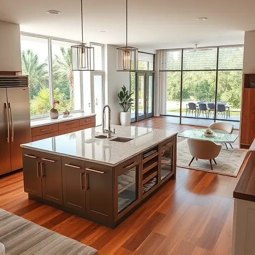 Open-concept remodeled living room and modern kitchen in Port St. Lucie Florida with contemporary cabinets, granite island, and lush outdoor views