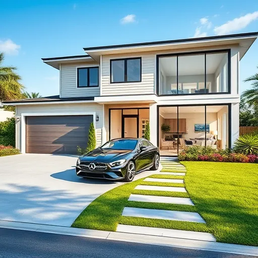 Remodeled home in Port St. Lucie with sleek exterior, large windows, lush yard, luxury car, and modern interior.