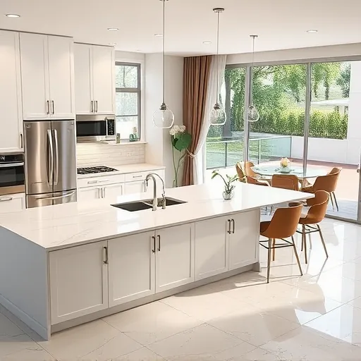 Remodeled River Park FL kitchen with white modern cabinets, stainless steel appliances, quartz island, textured subway tiles, natural sunlight, polished floors, and open-concept design