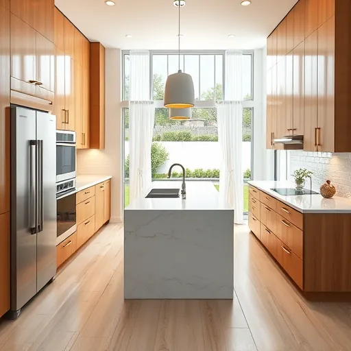 Renovated Ocean Ridge FL kitchen with modern wood cabinetry, quartz counters, stainless steel appliances, marble island, hardwood floors, and coastal views