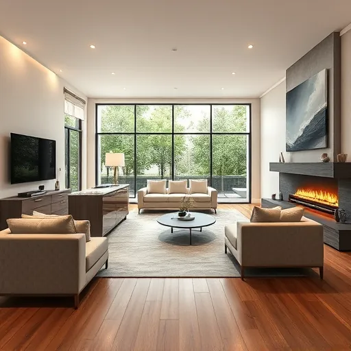 Modern living room in Floresta FL with open floor plan, minimalist décor, natural light, and elegant kitchen design.