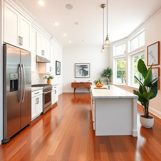 Completed kitchen remodeling in Wellington FL featuring modern white cabinetry, marble counters, stainless appliances, and hardwood flooring.