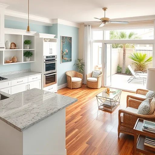 Coastal-inspired Vero Beach home remodel with sleek white kitchen, airy living area, and tropical outdoor patio.