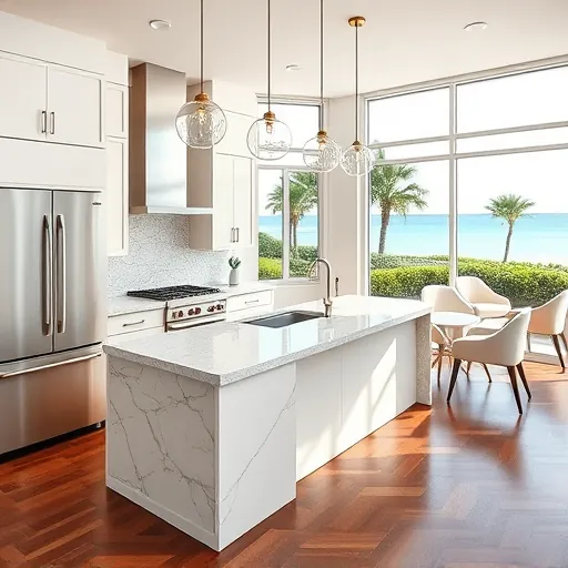 Recently remodeled modern kitchen in Tequesta Florida with sleek matte cabinets granite countertops island pendant lighting stylish backsplash hardwood floors lush outdoor view