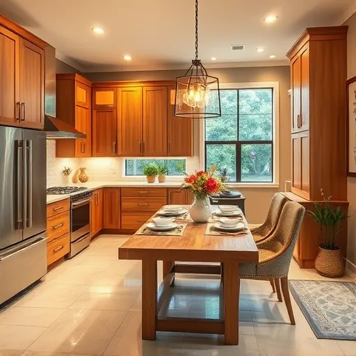 Modern Indiantown kitchen with warm wood cabinetry, quartz countertops, and cozy dining area under stylish lighting.