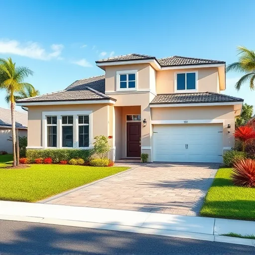 Renovated Port St. Lucie FL home with modern facade, vibrant paint, lush yard, tropical plants, and sleek driveway