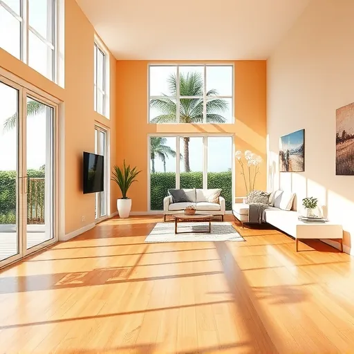 Freshly painted Florida interior with smooth walls, natural sunlight, polished hardwood floors, modern furniture, and lush greenery view