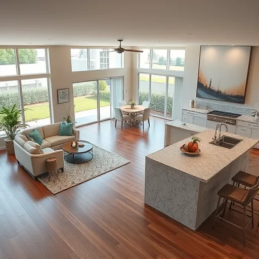 Elegant open-concept living room and modern kitchen in Palm City FL with hardwood floors and natural light.