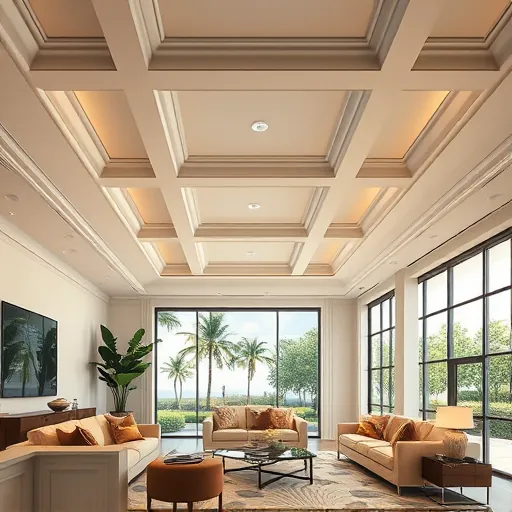 Finished custom ceiling with decorative moldings, recessed lighting, smooth textures, in a modern living room overlooking Port St. Lucie lush greenery
