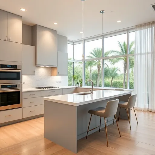 Remodeled Jupiter Florida kitchen with matte cabinetry, quartz island, stainless appliances, elegant backsplash, and tropical view
