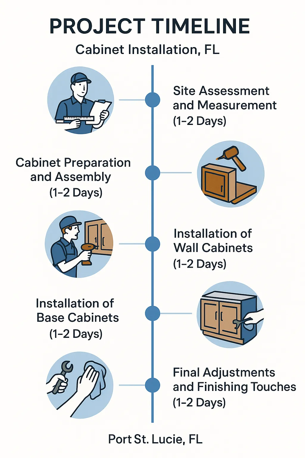 Infographic depicting a five-step project timeline for cabinet installation in Port St. Lucie FL with distinct phases.