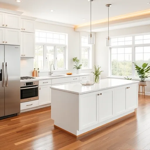 Renovated White City FL kitchen with white cabinetry, quartz island, stainless appliances, textured backsplash, hardwood floors