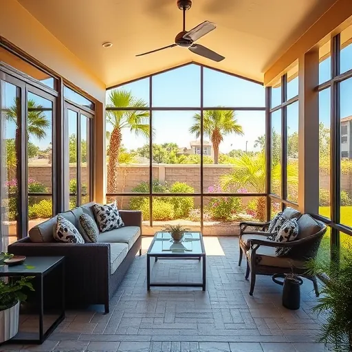Aluminum screened-in patio enclosure in Port St. Lucie Florida with modern matte framing, outdoor furniture, stone tile flooring, lush tropical backyard, and sunny sky