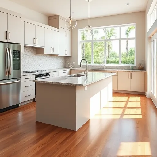 Beautiful renovated Lake Park FL kitchen with matte cabinets stainless steel appliances granite island hardwood floors and lush greenery