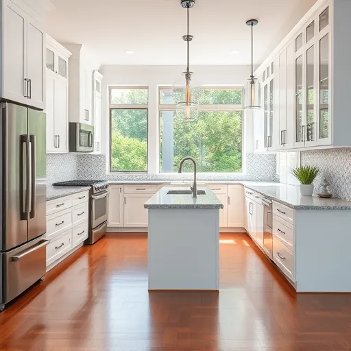Renovated White City FL kitchen with white cabinets stainless steel handles granite island pendant lighting high-end appliances hardwood floor lush outdoor view