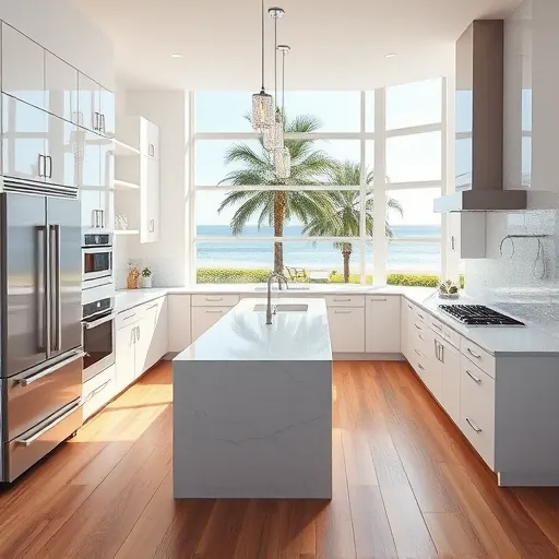 Remodeled Palm Beach Shores kitchen with glossy white cabinetry, quartz countertops, marble island, stainless steel appliances, and ocean views