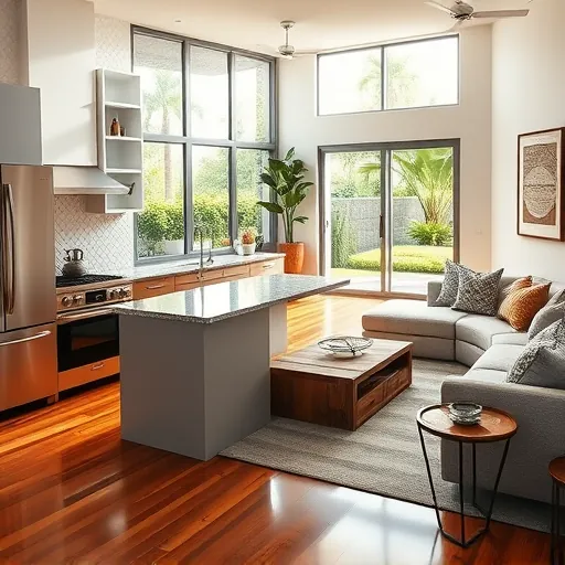 Modern kitchen remodel in Palm Beach Gardens with stainless steel appliances, granite countertops, and a chic living area.