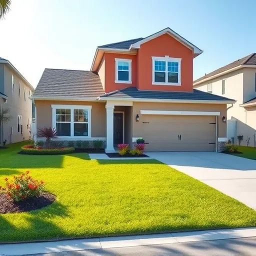Renovated modern house in Port St Lucie Florida with vibrant paint, lush landscaping, sleek windows, and a clean driveway