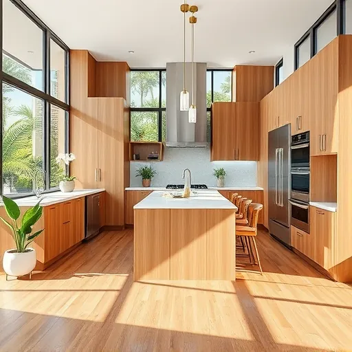 Stunning Jensen Beach kitchen remodel with natural wood cabinets quartz countertops stainless steel appliances and tropical view