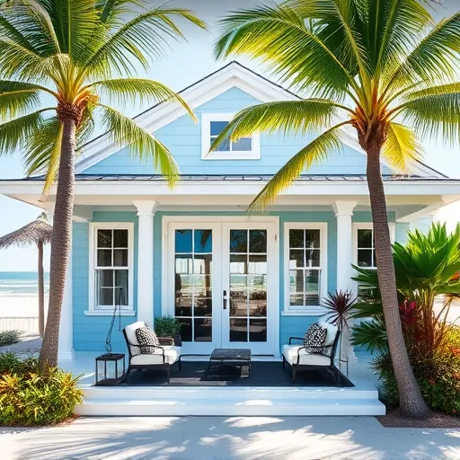 Completed home remodel in Juno Beach FL with pale blue facade, white trim, tropical plants, and coastal views.