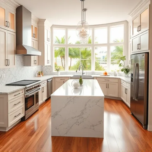 Recently remodeled Fort Pierce kitchen with granite countertops stainless steel appliances tropical garden view hardwood floors and modern decor