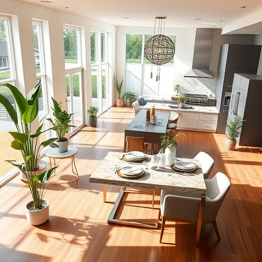 Modern open-plan kitchen and living area in Rio, FL with granite countertops, hardwood floors, and elegant decor.