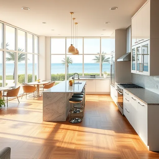 Recently remodeled kitchen in Briny Breezes FL featuring modern design, granite countertops, and large windows with views.