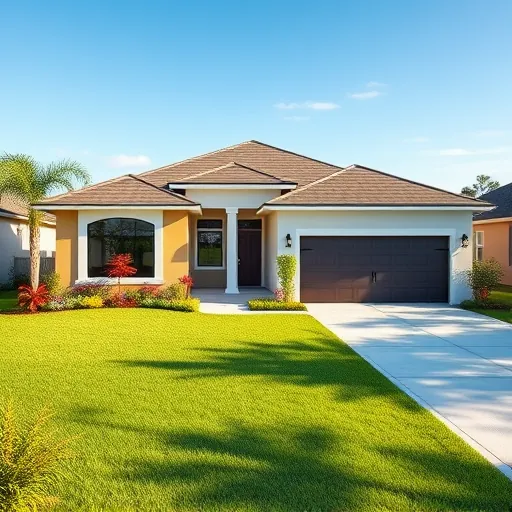 Remodeled Port St. Lucie home with vibrant paint, modern windows, lush landscape, and sleek driveway under clear blue sky