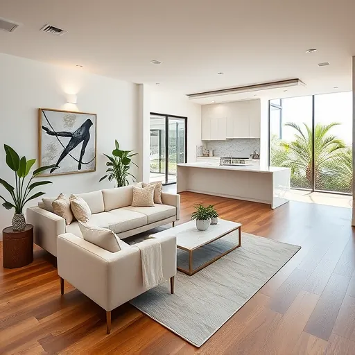 Modern living room in Ocean Ridge, FL with sleek furniture, natural light, elegant wood flooring, and a stylish kitchen.