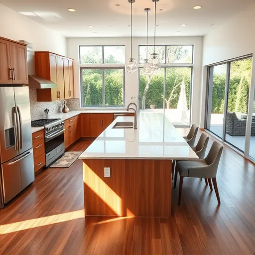 Remodeled Lakewood Park FL kitchen with quartz countertops stainless steel appliances wooden cabinets hardwood floor and outdoor view