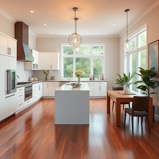 Renovated kitchen in Floresta FL with high-end appliances, sleek cabinetry, and polished hardwood floors in natural light.