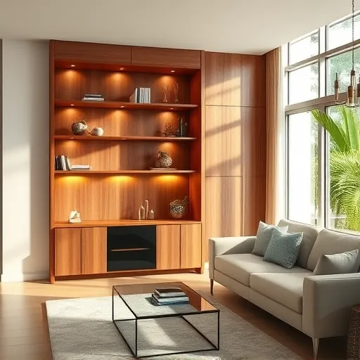 Custom built-in wood shelving in a modern Florida living room with tropical greenery and sleek contemporary decor.