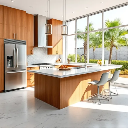 Renovated Fort Pierce Florida kitchen with warm wood cabinets quartz countertops stainless steel appliances and lush backyard view