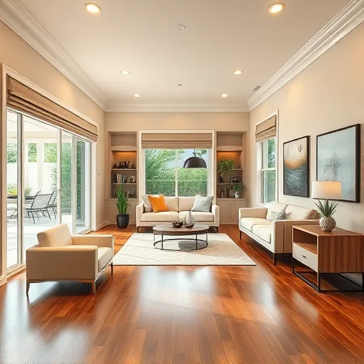 Beautiful renovated Port St. Lucie living room with hardwood floors, modern lighting, neutral walls, large windows, and stylish decor