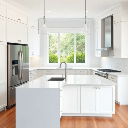 Modern kitchen in Hobe Sound FL with quartz countertops, stainless steel appliances, white shaker cabinets, subway tile backsplash, hardwood floors, and large window.