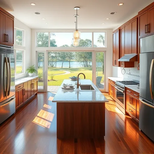Remodeled Lake Clarke Shores kitchen with quartz countertops stainless appliances custom wood cabinets island pendant lighting hardwood floors lush backyard lake view