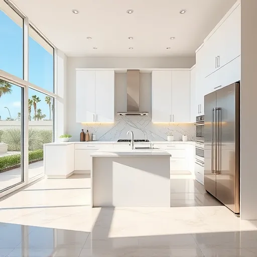 Recently renovated Palm Springs FL kitchen with white matte cabinets marble island stainless steel appliances and lush outdoor view