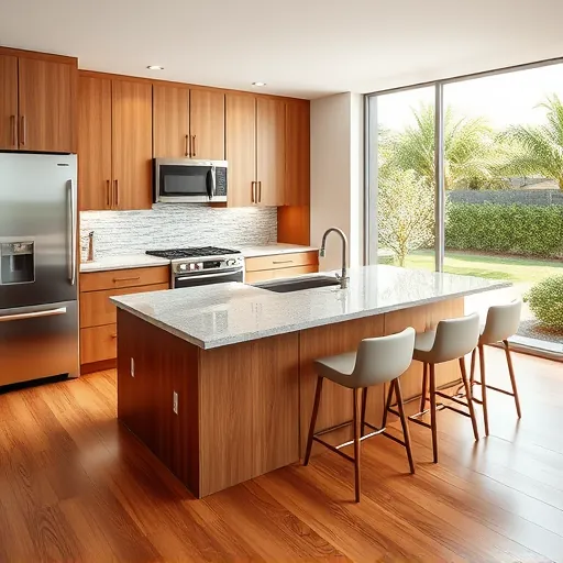 Recently remodeled Greenacres FL kitchen featuring granite countertops, warm wood cabinets, stainless appliances, mosaic backsplash, hardwood floors, large windows, outdoor greenery