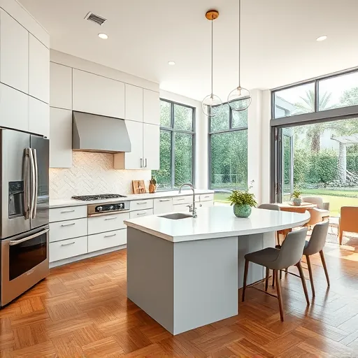 Beautiful modern kitchen in Lake Clarke Shores FL with sleek matte cabinetry quartz countertops stainless appliances wood island hardwood floors and large windows